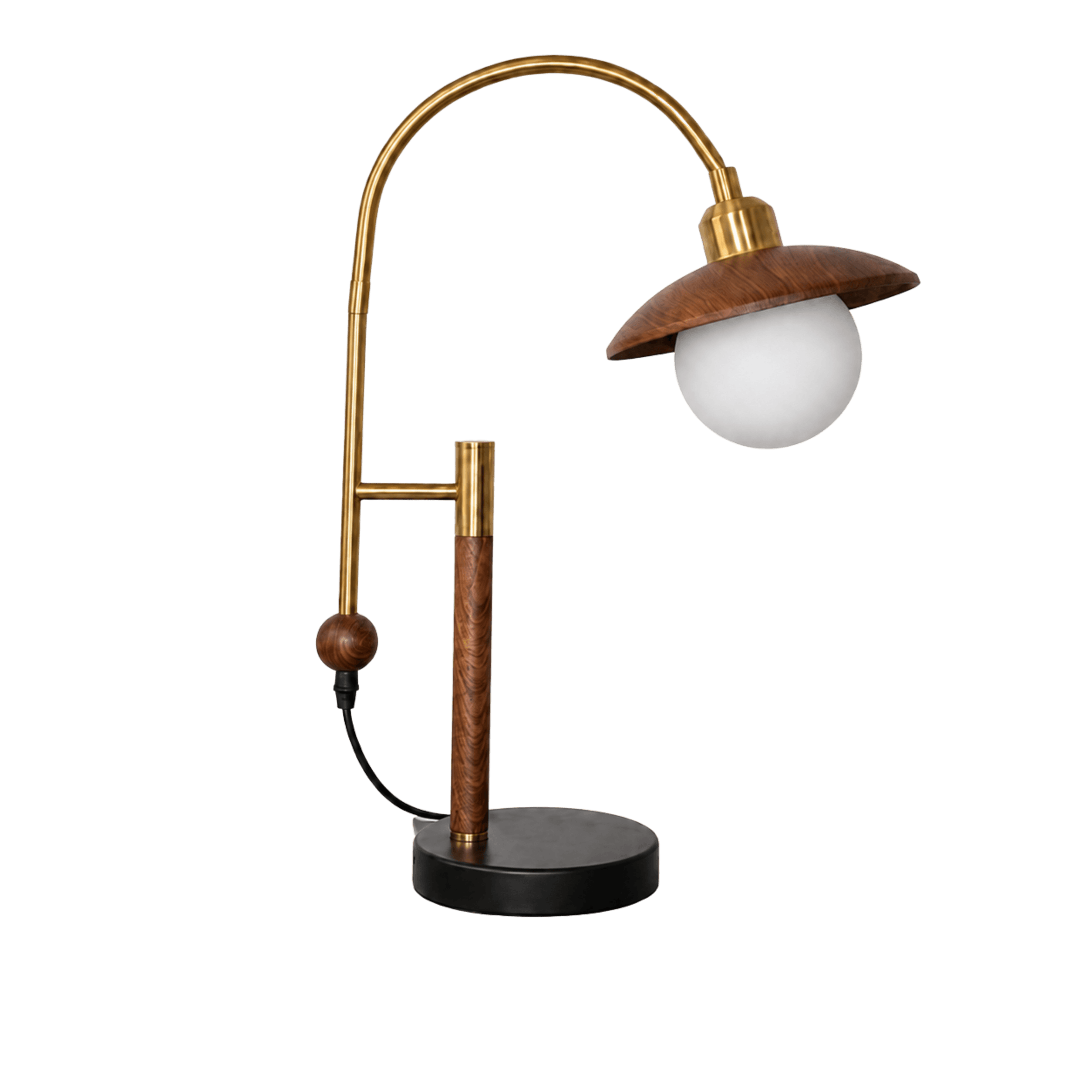 LitMeUp Walnut and Gold Table Lamp with Curved Arm