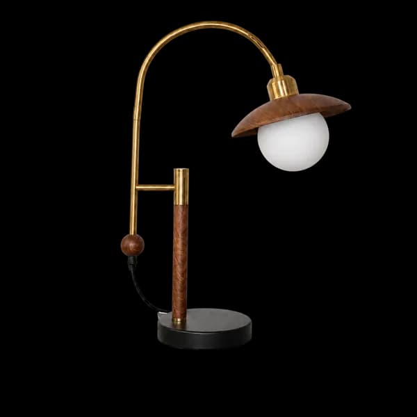 LitMeUp Walnut and Gold Table Lamp with Curved Arm